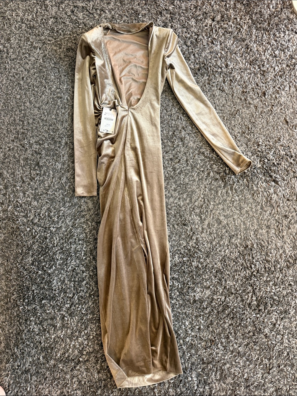 Zara Long Sleeve Ruched Velvet Maxi Dress in Taupe - Picture 10 of 11